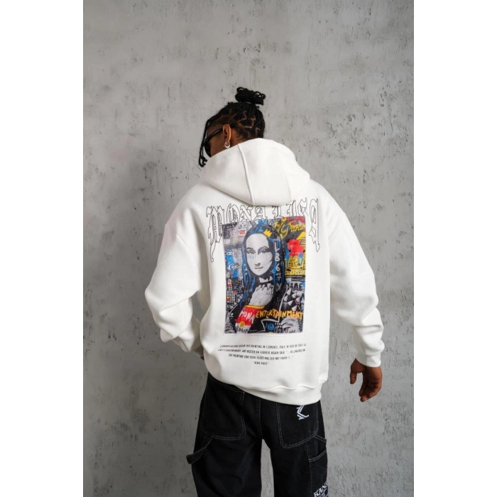 Erkek Baskılı Kapüşonlu ve Kanguru Cepli Sweatshirt hoodie - Beyaz