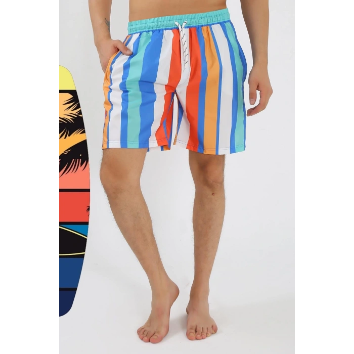 Erkek Desenli Fermuar Cepli Deniz Şortu Mavi