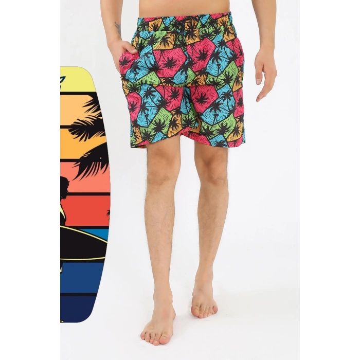 Erkek Desenli Fermuar Cepli Deniz Şortu Siyah