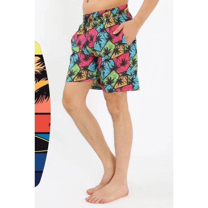 Erkek Desenli Fermuar Cepli Deniz Şortu Siyah