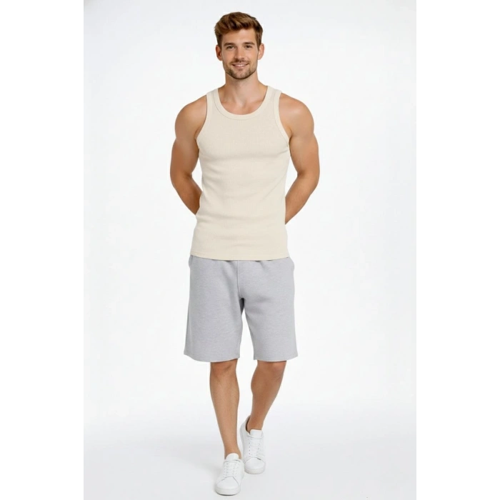 Erkek Fitilli Atlet Sıfır Yaka Slim Fit Arka Baskılı Spor Atlet - Krem