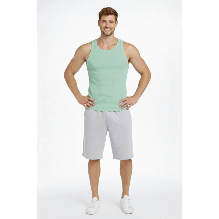 Erkek Fitilli Atlet Sıfır Yaka Slim Fit Arka Baskılı Spor Atlet - Mint Yeşili