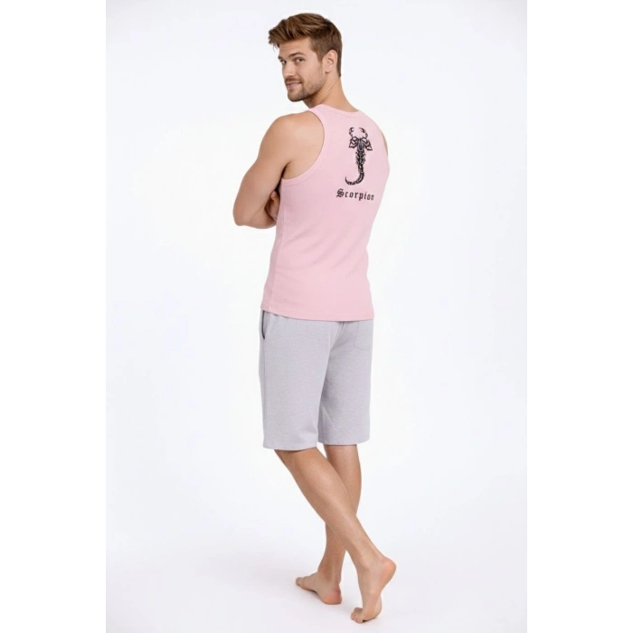 Erkek Fitilli Atlet Sıfır Yaka Slim Fit Arka Baskılı Spor Atlet - Pembe