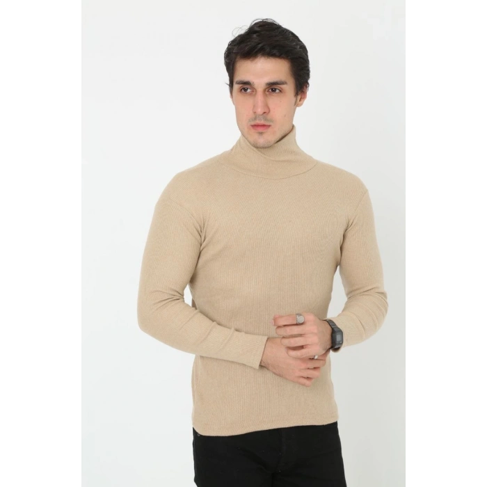 Erkek Fitilli Kaşkorse Kumaş Boğazlı Full Likralı Slimfit Body - Bej