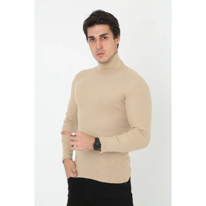 Erkek Fitilli Kaşkorse Kumaş Boğazlı Full Likralı Slimfit Body - Bej