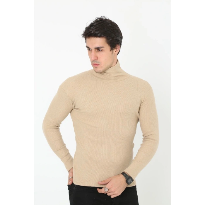 Erkek Fitilli Kaşkorse Kumaş Boğazlı Full Likralı Slimfit Body - Bej