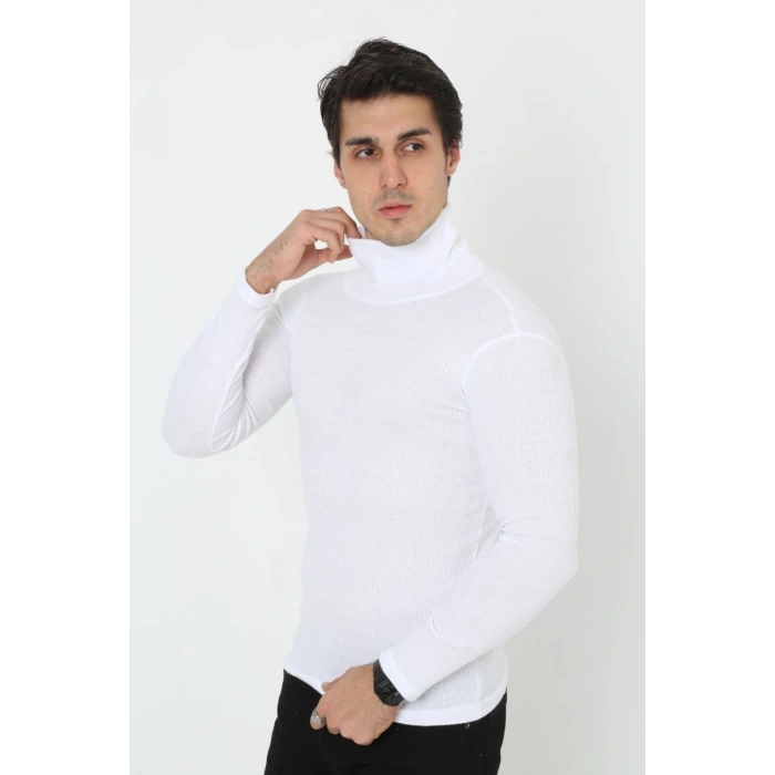 Erkek Fitilli Kaşkorse Kumaş Boğazlı Full Likralı Slimfit Body - Beyaz