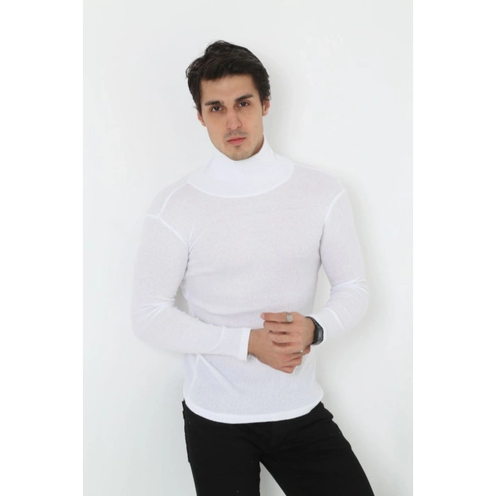 Erkek Fitilli Kaşkorse Kumaş Boğazlı Full Likralı Slimfit Body - Beyaz