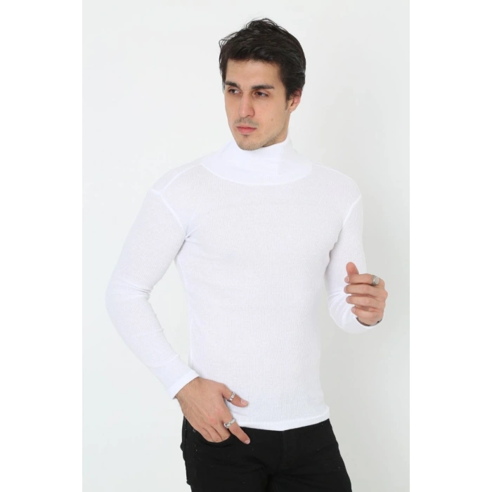 Erkek Fitilli Kaşkorse Kumaş Boğazlı Full Likralı Slimfit Body - Beyaz