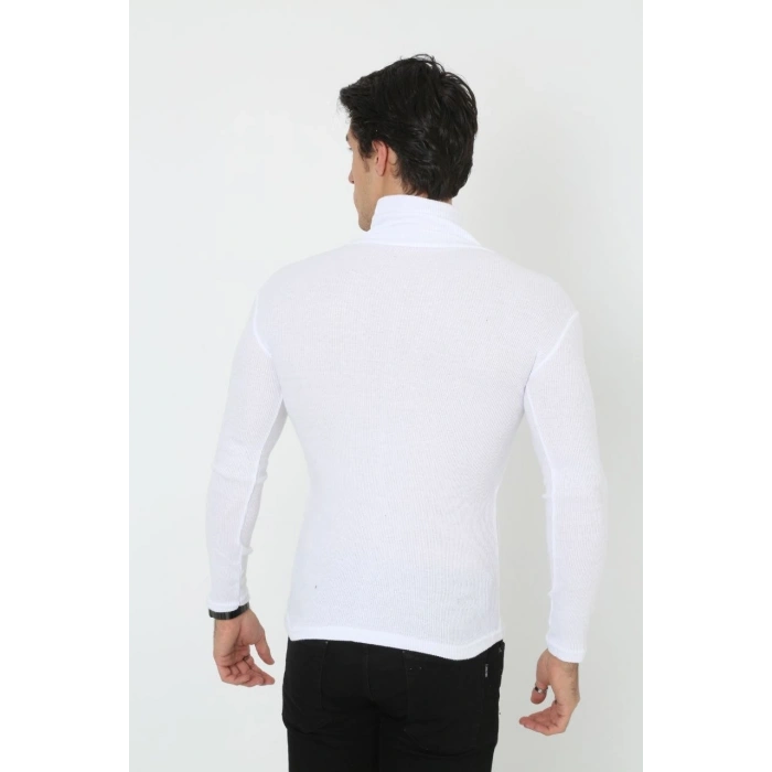 Erkek Fitilli Kaşkorse Kumaş Boğazlı Full Likralı Slimfit Body - Beyaz