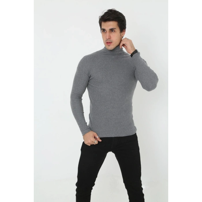 Erkek Fitilli Kaşkorse Kumaş Boğazlı Full Likralı Slimfit Body - Füme