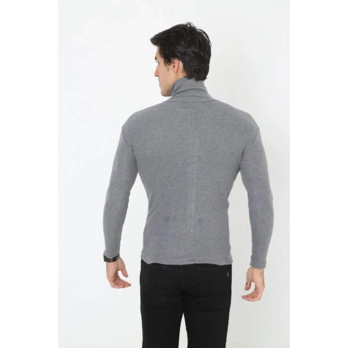 Erkek Fitilli Kaşkorse Kumaş Boğazlı Full Likralı Slimfit Body - Füme