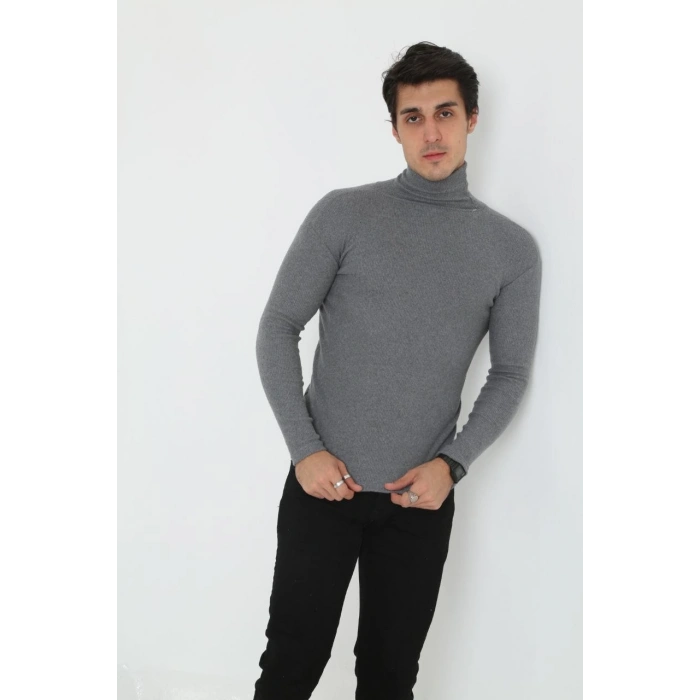 Erkek Fitilli Kaşkorse Kumaş Boğazlı Full Likralı Slimfit Body - Füme