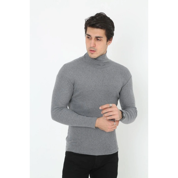 Erkek Fitilli Kaşkorse Kumaş Boğazlı Full Likralı Slimfit Body - Füme