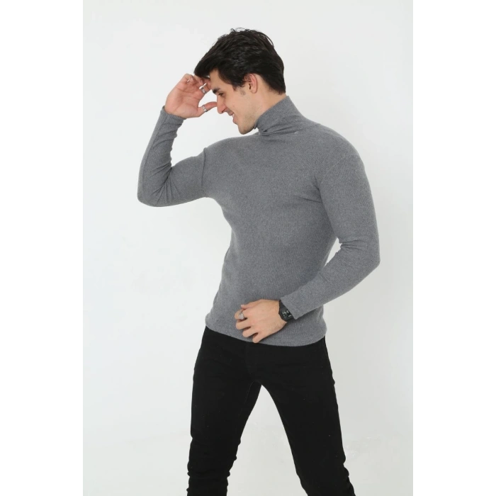 Erkek Fitilli Kaşkorse Kumaş Boğazlı Full Likralı Slimfit Body - Füme