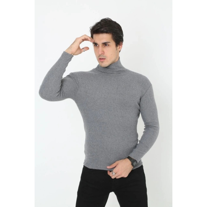 Erkek Fitilli Kaşkorse Kumaş Boğazlı Full Likralı Slimfit Body - Füme
