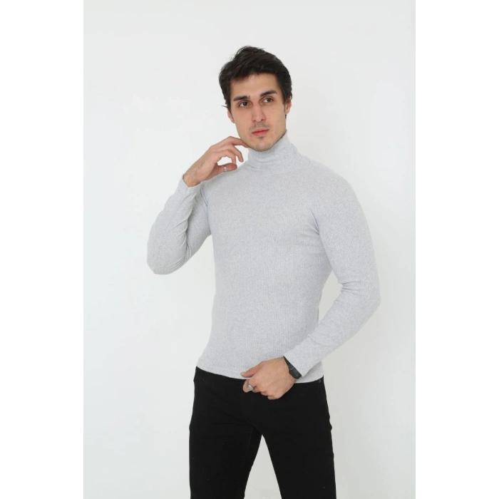 Erkek Fitilli Kaşkorse Kumaş Boğazlı Full Likralı Slimfit Body - Gri
