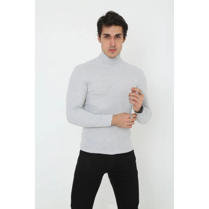 Erkek Fitilli Kaşkorse Kumaş Boğazlı Full Likralı Slimfit Body - Gri