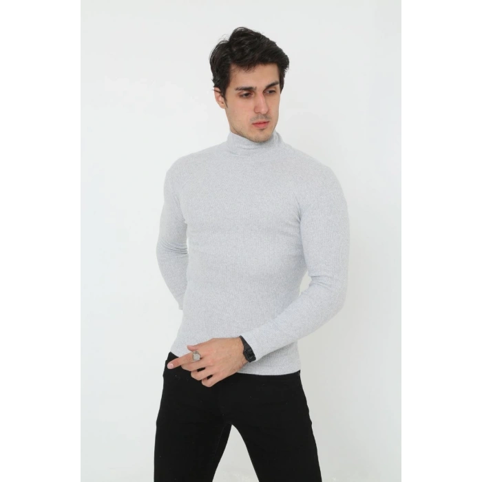 Erkek Fitilli Kaşkorse Kumaş Boğazlı Full Likralı Slimfit Body - Gri