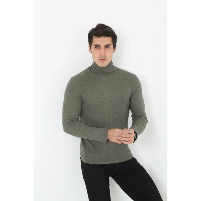 Erkek Fitilli Kaşkorse Kumaş Boğazlı Full Likralı Slimfit Body - Haki