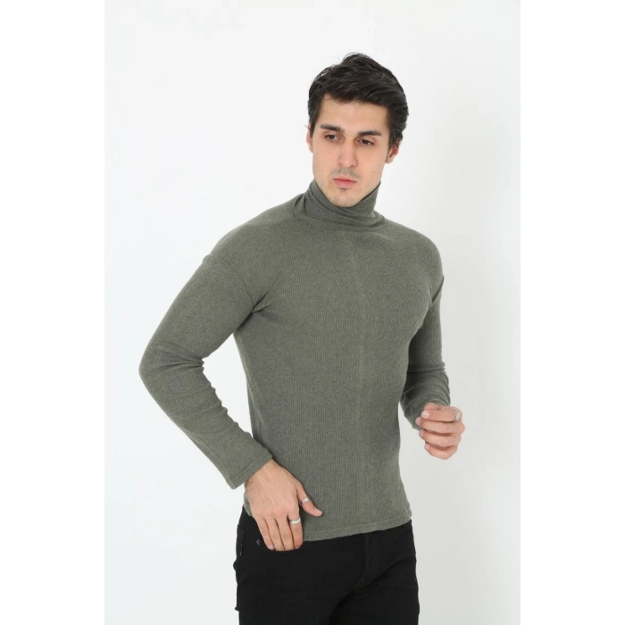 Erkek Fitilli Kaşkorse Kumaş Boğazlı Full Likralı Slimfit Body - Haki