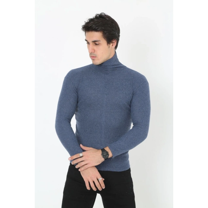 Erkek Fitilli Kaşkorse Kumaş Boğazlı Full Likralı Slimfit Body - İndigo