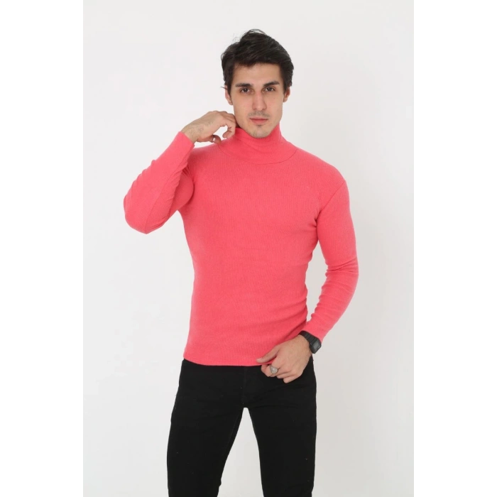 Erkek Fitilli Kaşkorse Kumaş Boğazlı Full Likralı Slimfit Body - Pembe