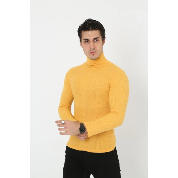 Erkek Fitilli Kaşkorse Kumaş Boğazlı Full Likralı Slimfit Body - Sarı