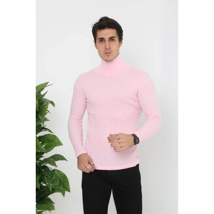 Erkek Fitilli Kaşkorse Kumaş Boğazlı Full Likralı Slimfit Body - Toz Pembe