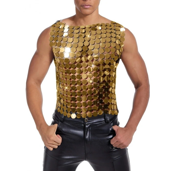 Erkek GoldPul Detaylı Transparan Parti Bluz,Festival Stil Erkek Pul İşlemeli Sahne Üst,Kostüm