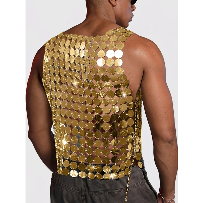 Erkek GoldPul Detaylı Transparan Parti Bluz,Festival Stil Erkek Pul İşlemeli Sahne Üst,Kostüm