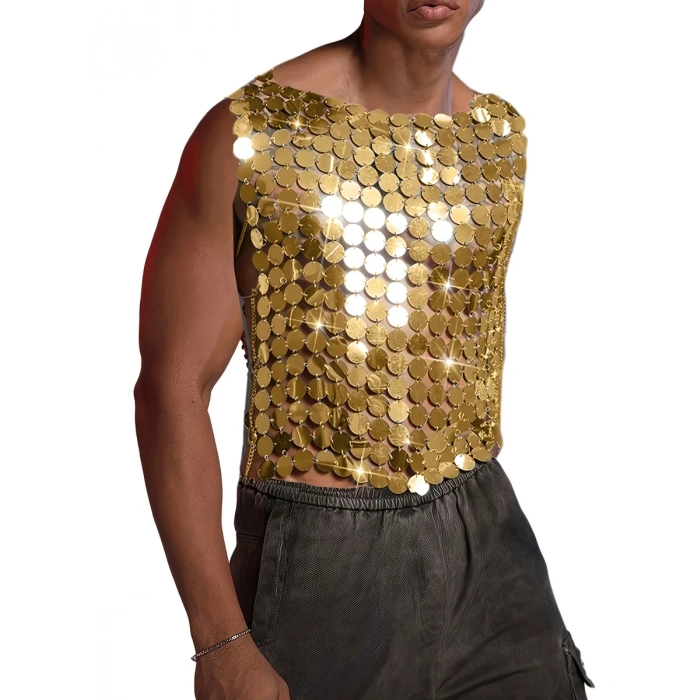 Erkek GoldPul Detaylı Transparan Parti Bluz,Festival Stil Erkek Pul İşlemeli Sahne Üst,Kostüm