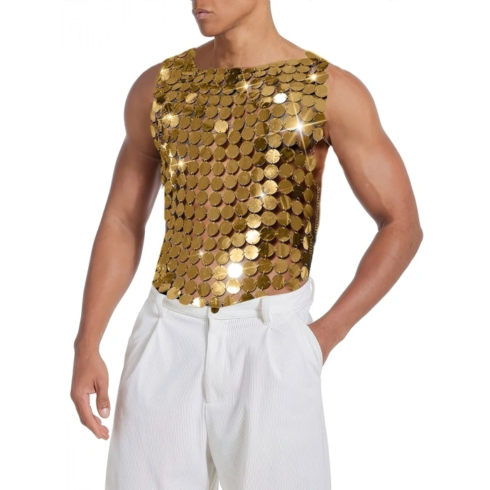 Erkek GoldPul Detaylı Transparan Parti Bluz,Festival Stil Erkek Pul İşlemeli Sahne Üst,Kostüm