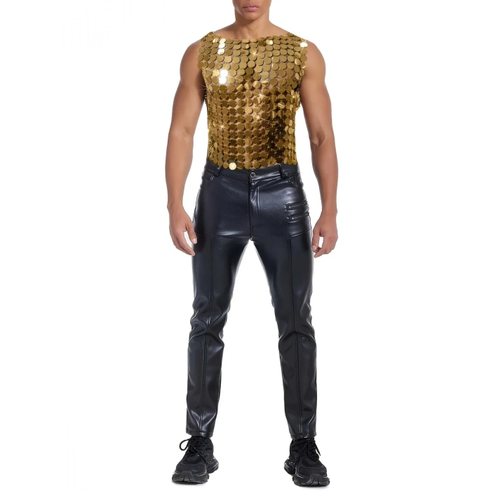 Erkek GoldPul Detaylı Transparan Parti Bluz,Festival Stil Erkek Pul İşlemeli Sahne Üst,Kostüm