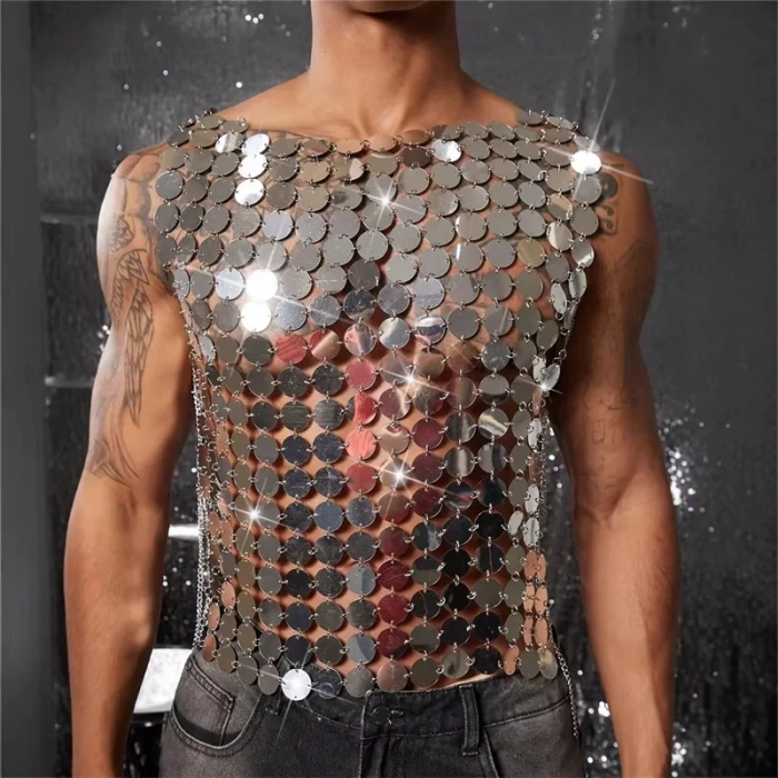Erkek Gümüş Pul Detaylı Transparan Parti Bluz,Festival Stil Erkek Pul İşlemeli Sahne Üst,Kostüm