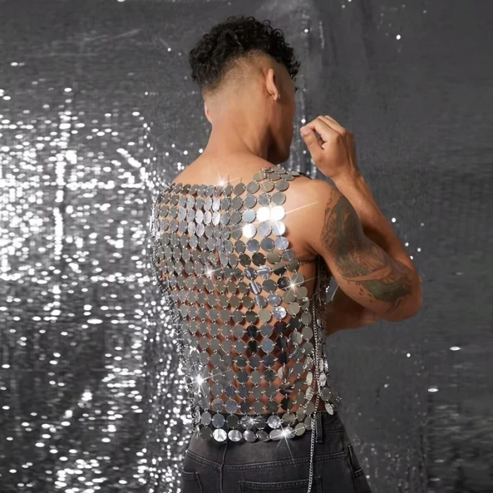 Erkek Gümüş Pul Detaylı Transparan Parti Bluz,Festival Stil Erkek Pul İşlemeli Sahne Üst,Kostüm