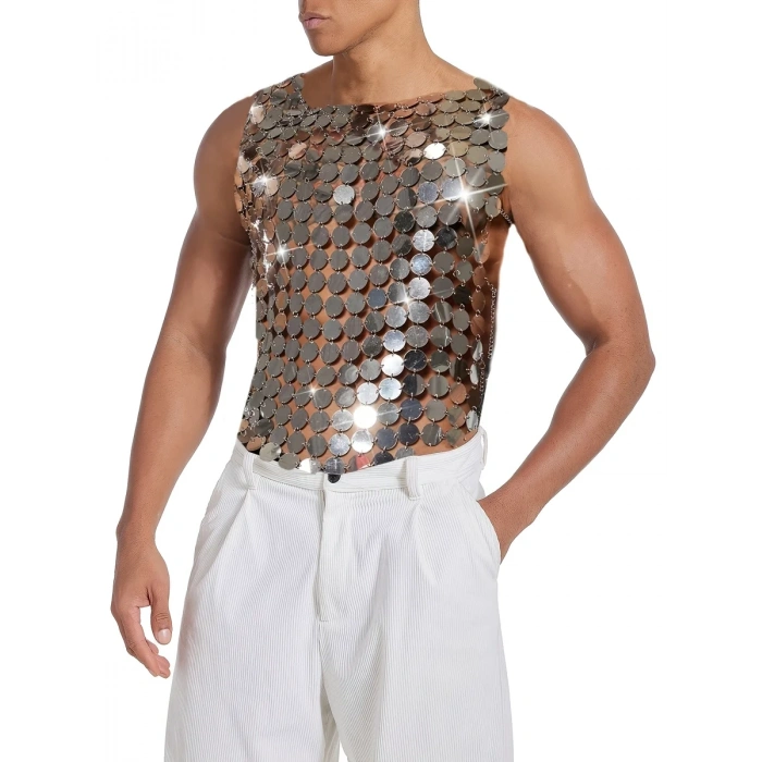 Erkek Gümüş Pul Detaylı Transparan Parti Bluz,Festival Stil Erkek Pul İşlemeli Sahne Üst,Kostüm