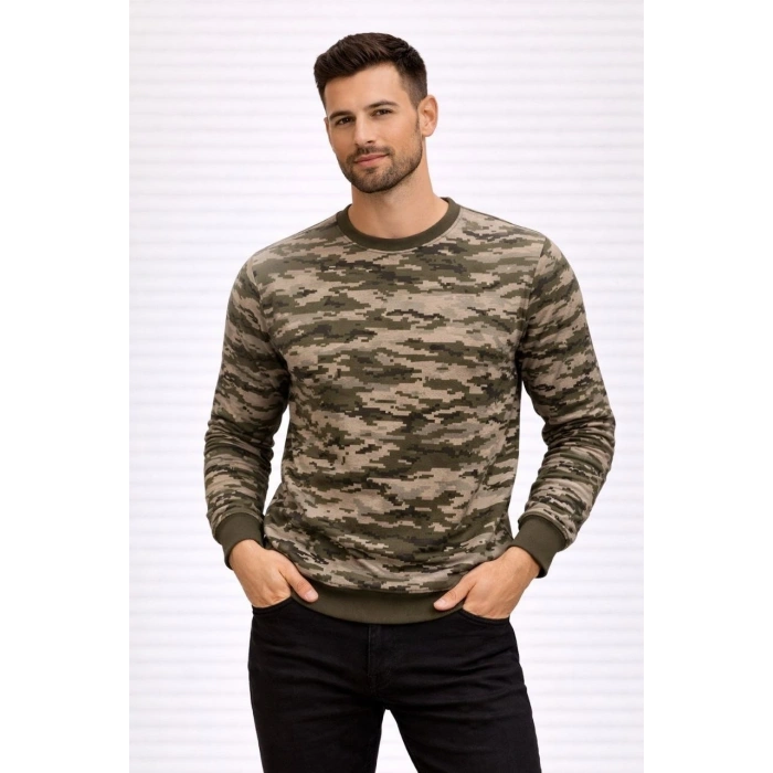 Erkek Kamuflaj Desenli 2 İplik 4 Mevsim Uzun Kollu Bisiklet Yaka Sweatshirt - Kamuflaj