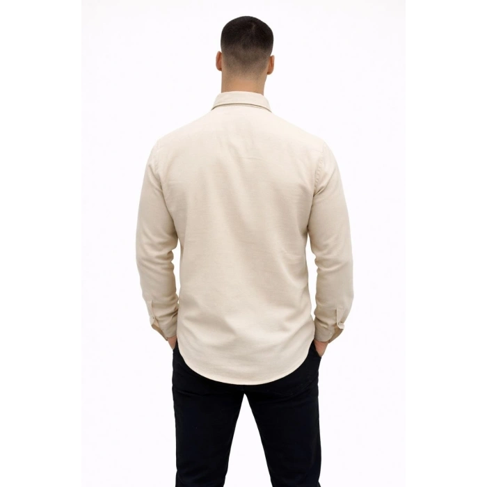 Erkek KETEN Kumaş Oversize Uzun Kollu Rahat Kalıp Gömlek - Bej