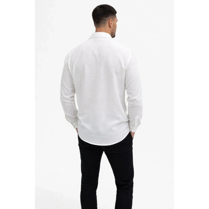 Erkek KETEN Kumaş Oversize Uzun Kollu Rahat Kalıp Gömlek - Beyaz