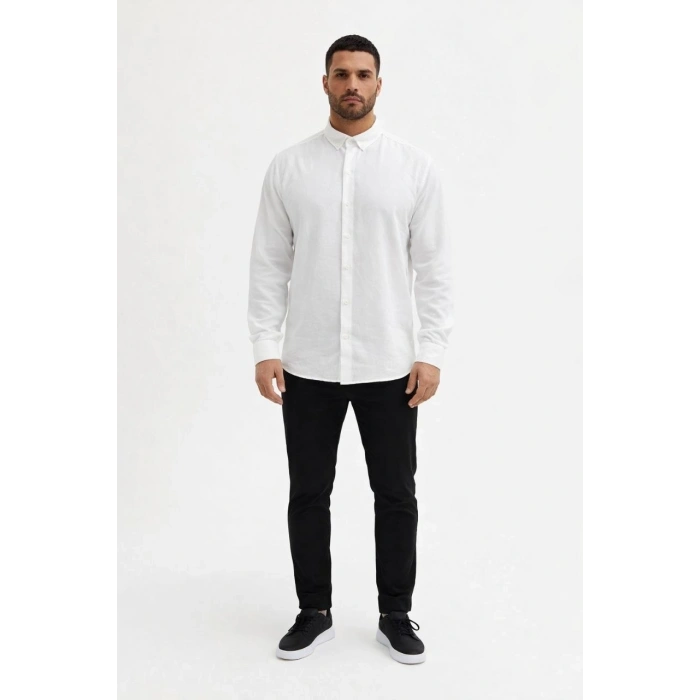 Erkek KETEN Kumaş Oversize Uzun Kollu Rahat Kalıp Gömlek - Beyaz