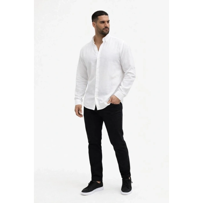 Erkek KETEN Kumaş Oversize Uzun Kollu Rahat Kalıp Gömlek - Beyaz
