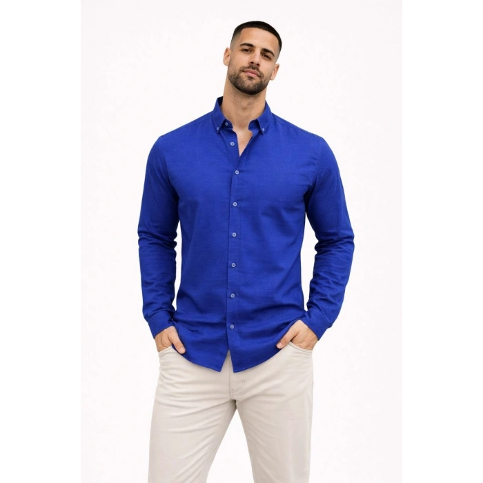 Erkek KETEN Kumaş Oversize Uzun Kollu Rahat Kalıp Gömlek - Saks Mavisi