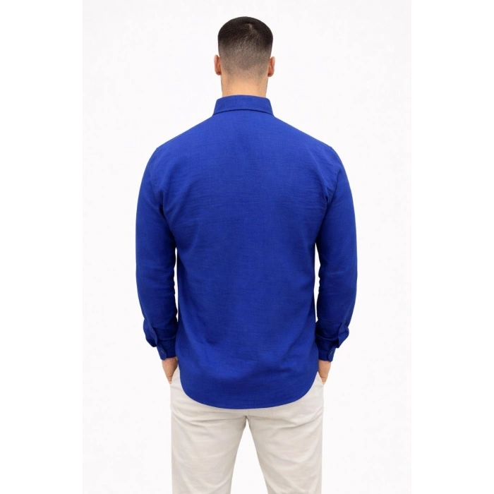 Erkek KETEN Kumaş Oversize Uzun Kollu Rahat Kalıp Gömlek - Saks Mavisi