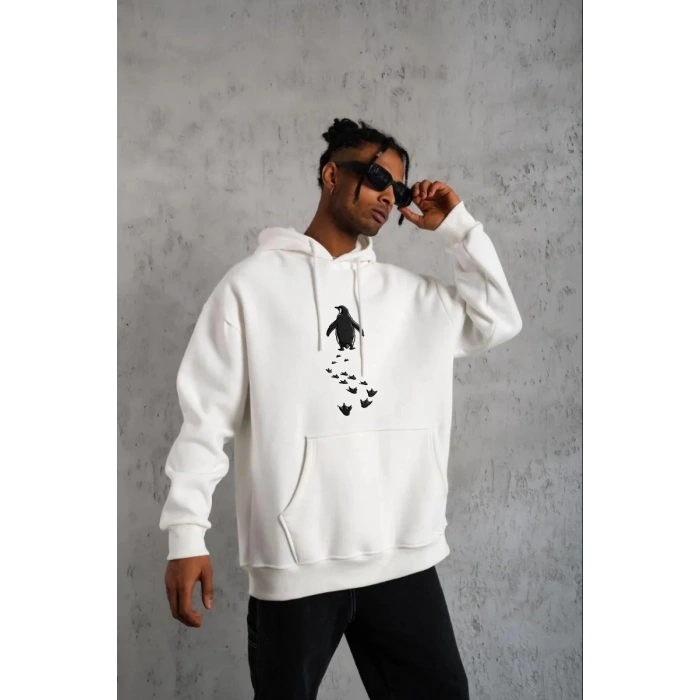 Erkek Nihilist Penguen Baskılı 3 İplik Pamuklu Kapüşonlu Sweatshirt Hoodie Beyaz
