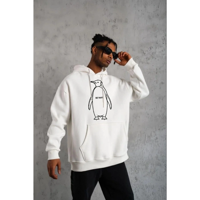 Erkek Nihilist Penguen Baskılı 3 İplik Pamuklu Kapüşonlu Sweatshirt Hoodie Beyaz
