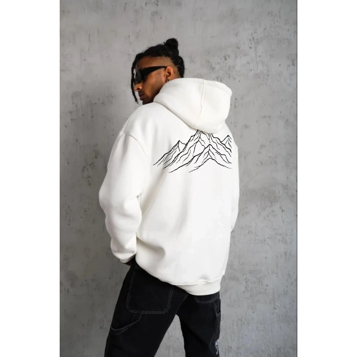 Erkek Nihilist Penguen Baskılı 3 İplik Pamuklu Kapüşonlu Sweatshirt Hoodie Beyaz