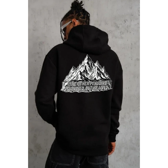 Erkek Nihilist Penguen Baskılı 3 İplik Pamuklu Kapüşonlu Sweatshirt Hoodie Siyah