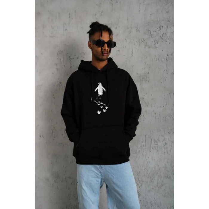 Erkek Nihilist Penguen Baskılı 3 İplik Pamuklu Kapüşonlu Sweatshirt Hoodie Siyah