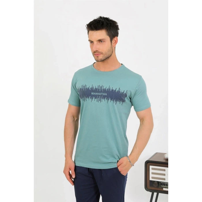 Erkek Pamuk Kısa Kol Pijama Takım SuYeşili